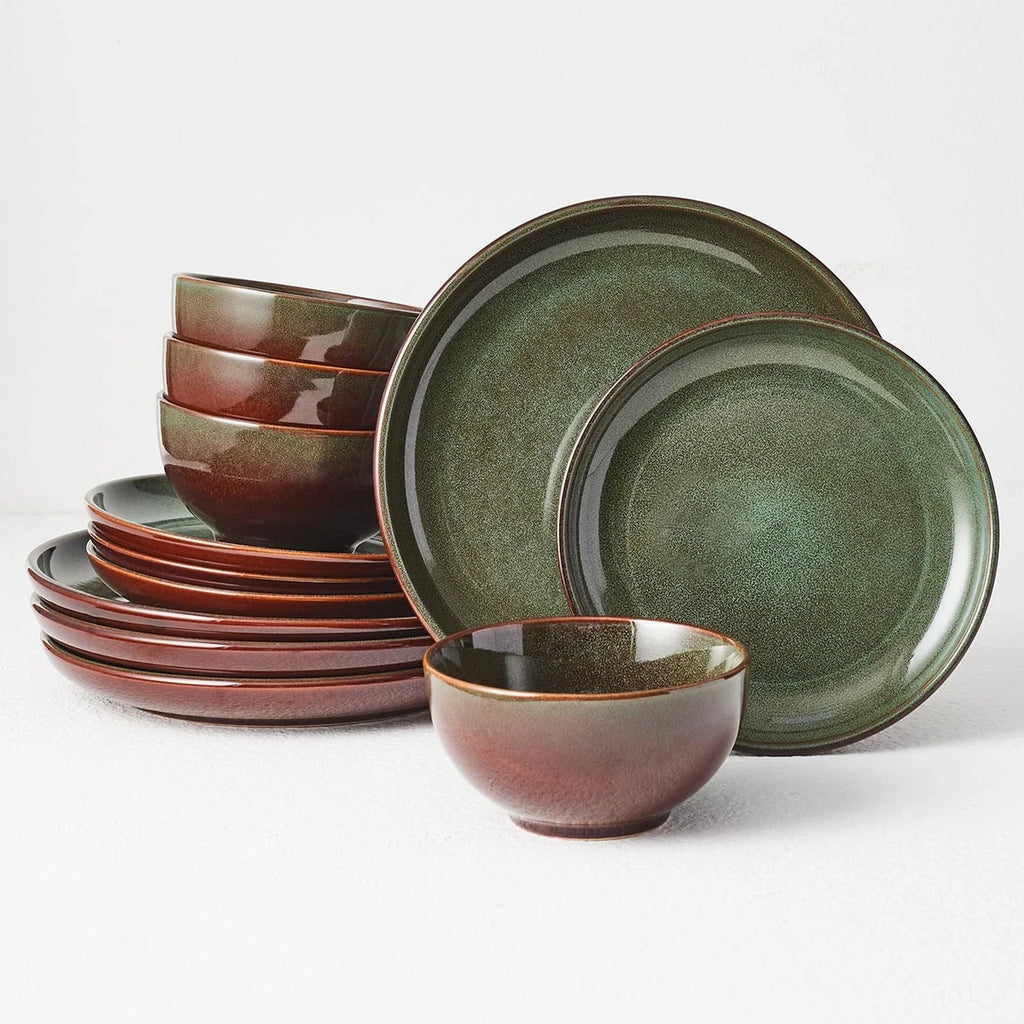 Stoneware Dinnerware Sets Service for 4, 12 pcs Reactive Glaze Plates and Bow