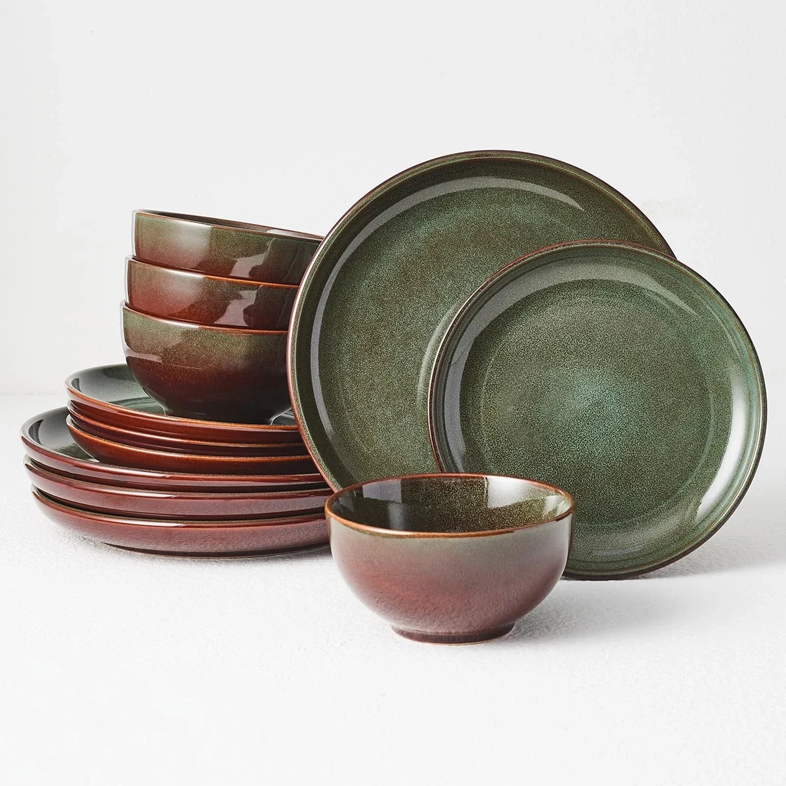 Stoneware Dinnerware Sets Service for 4, 12 pcs Reactive Glaze Plates and Bow